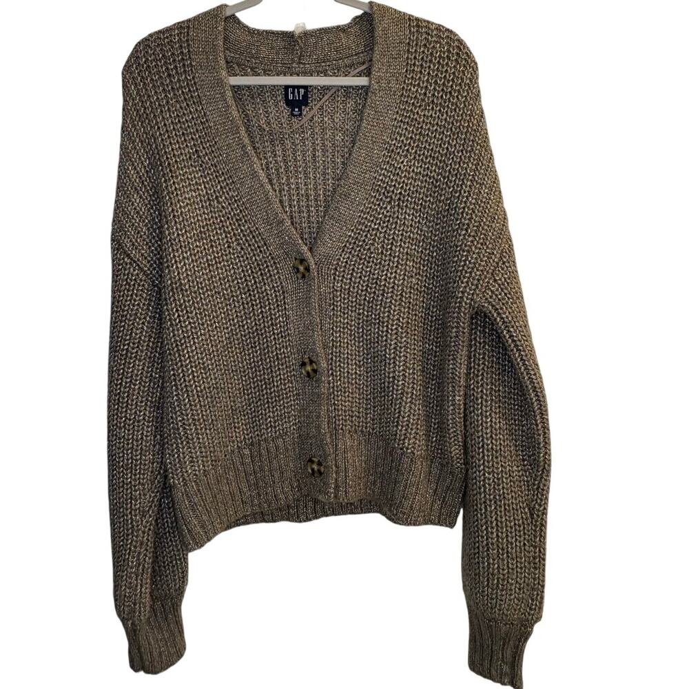 GAP Size Medium Metallic Gold Silver Cardigan Sweater Slouchy Grandpa Dad
